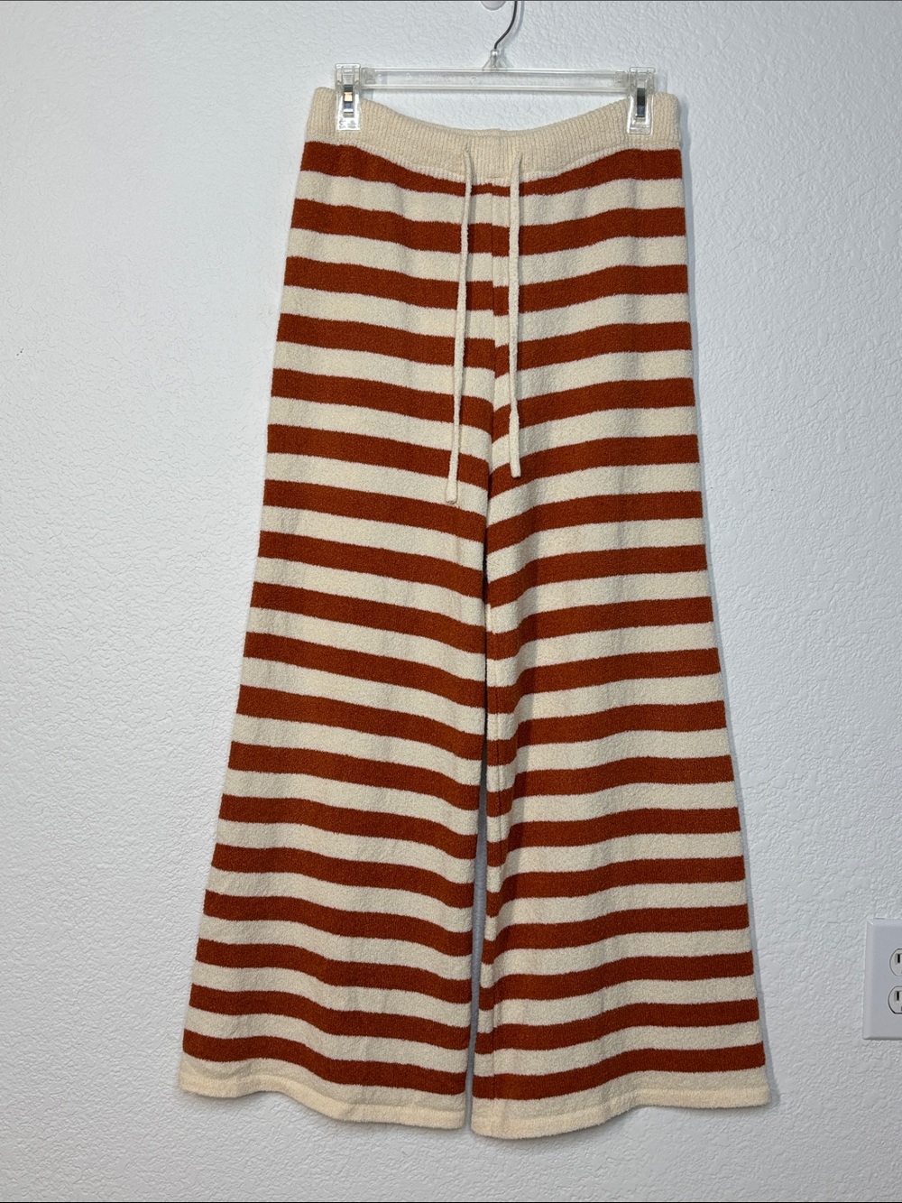 Striped Fuzzy Terry Cotton Blend Wide Leg Pant Pull-On Drawstring